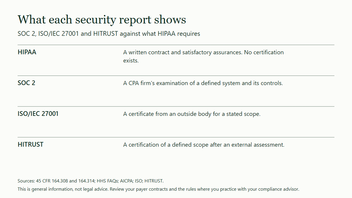 Table comparing what HIPAA requires with three security frameworks: a written contract with satisfactory assurances and no certification, a SOC 2 examination by a CPA firm of a defined system, an ISO 27001 certificate from an outside body for a stated scope, and a HITRUST certification of a defined scope.